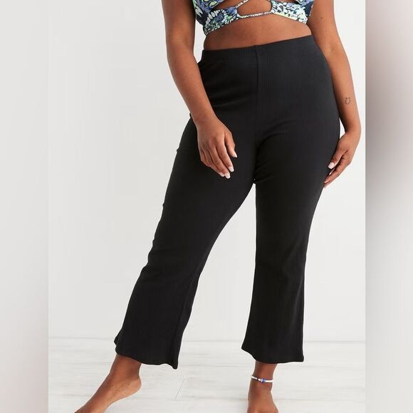 NWT Aerie Green Size L Flared High Waist Kick Flare Ribbed Pants Cropped Cotton - Picture 2 of 12